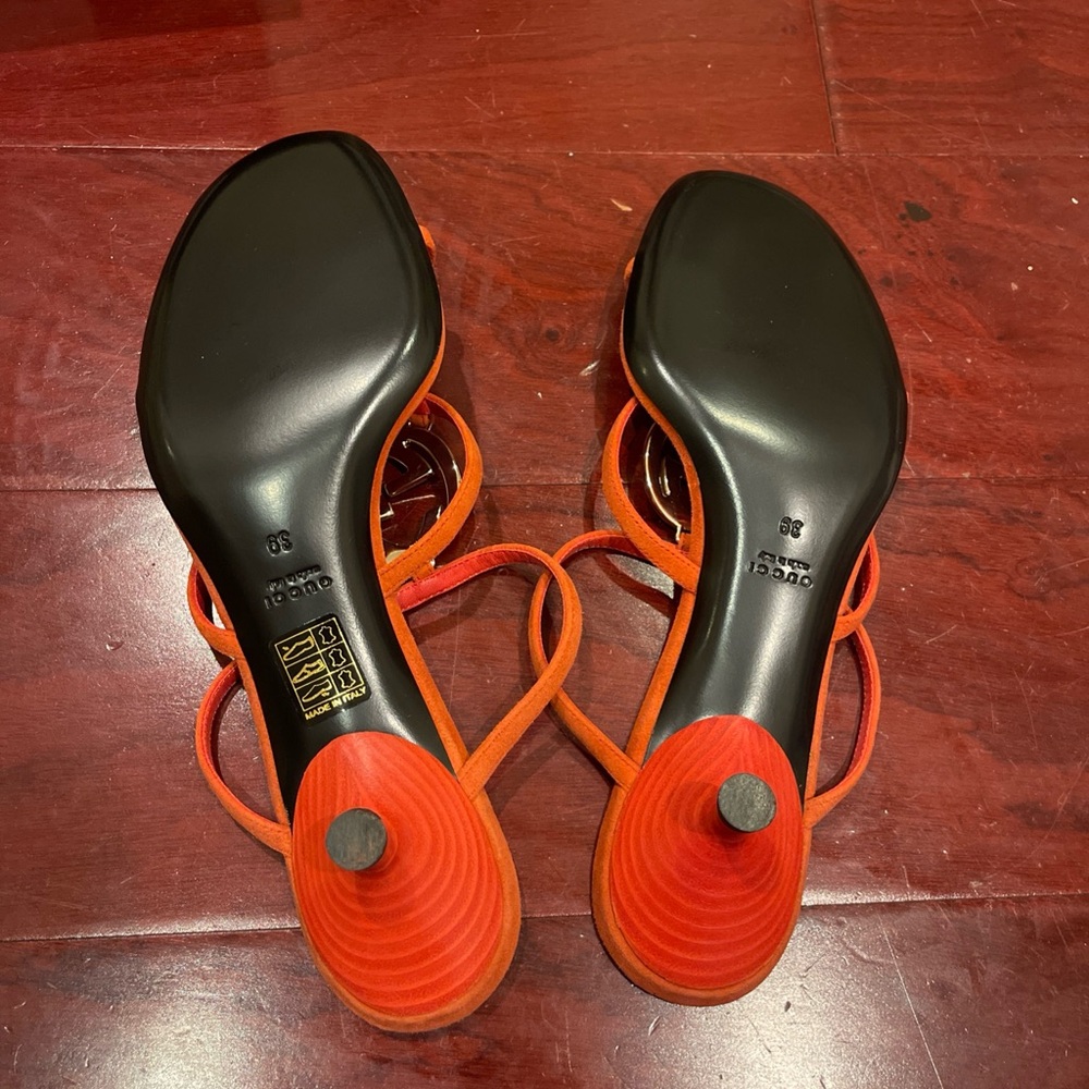 Gucci Orange Multi-Strap Logo Medallion Slide Sandal Kitten Heels - Picture 6 of 6